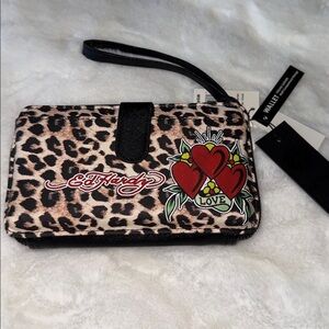 Ed Hardy Leopard Heart Tattoo Zip Wallet Wristlet NWT Punk Rock Y2K